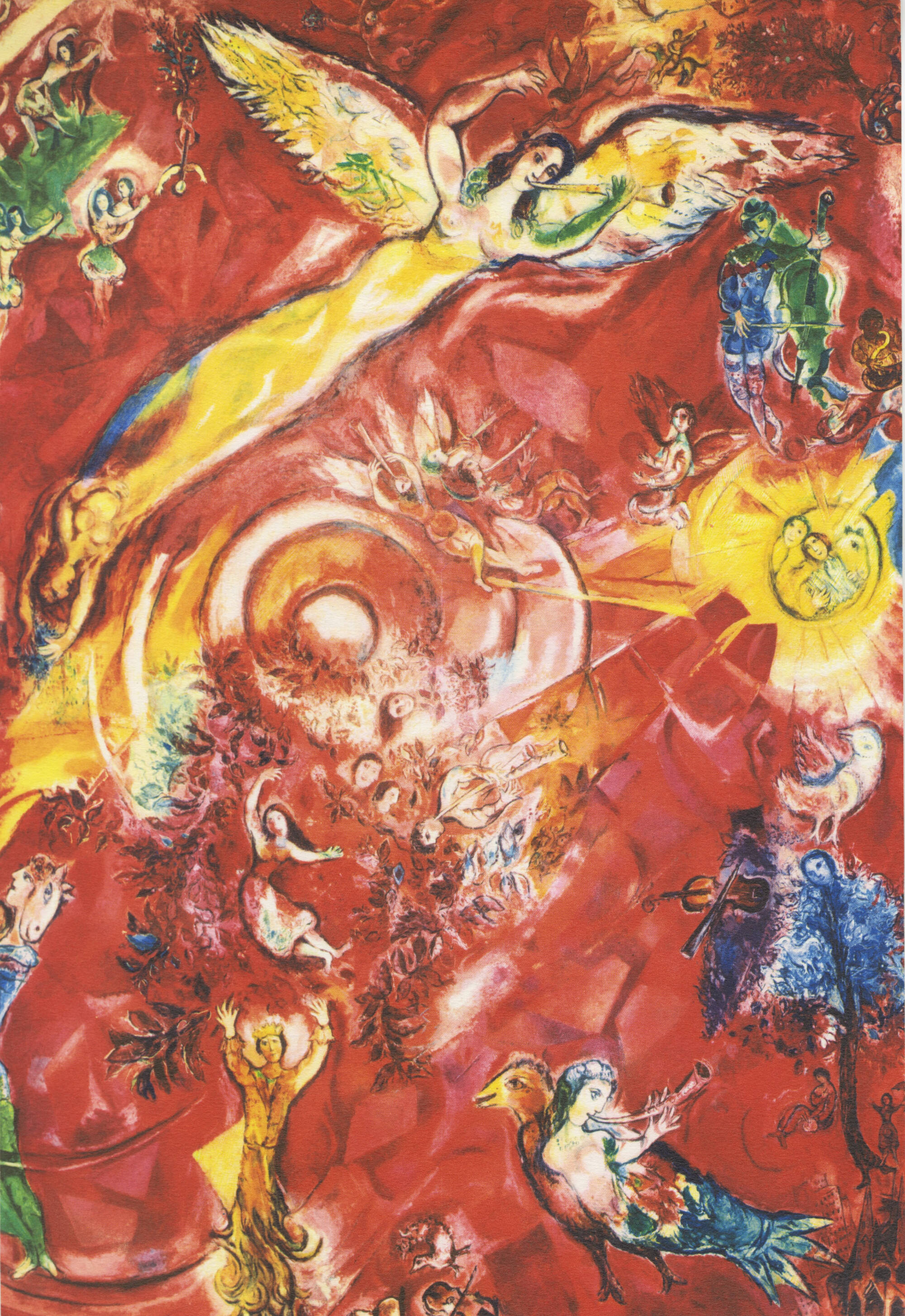 Bright red print with figures flying around in yellow, blue, and green colors. Largest figure is a yellow female with wings.